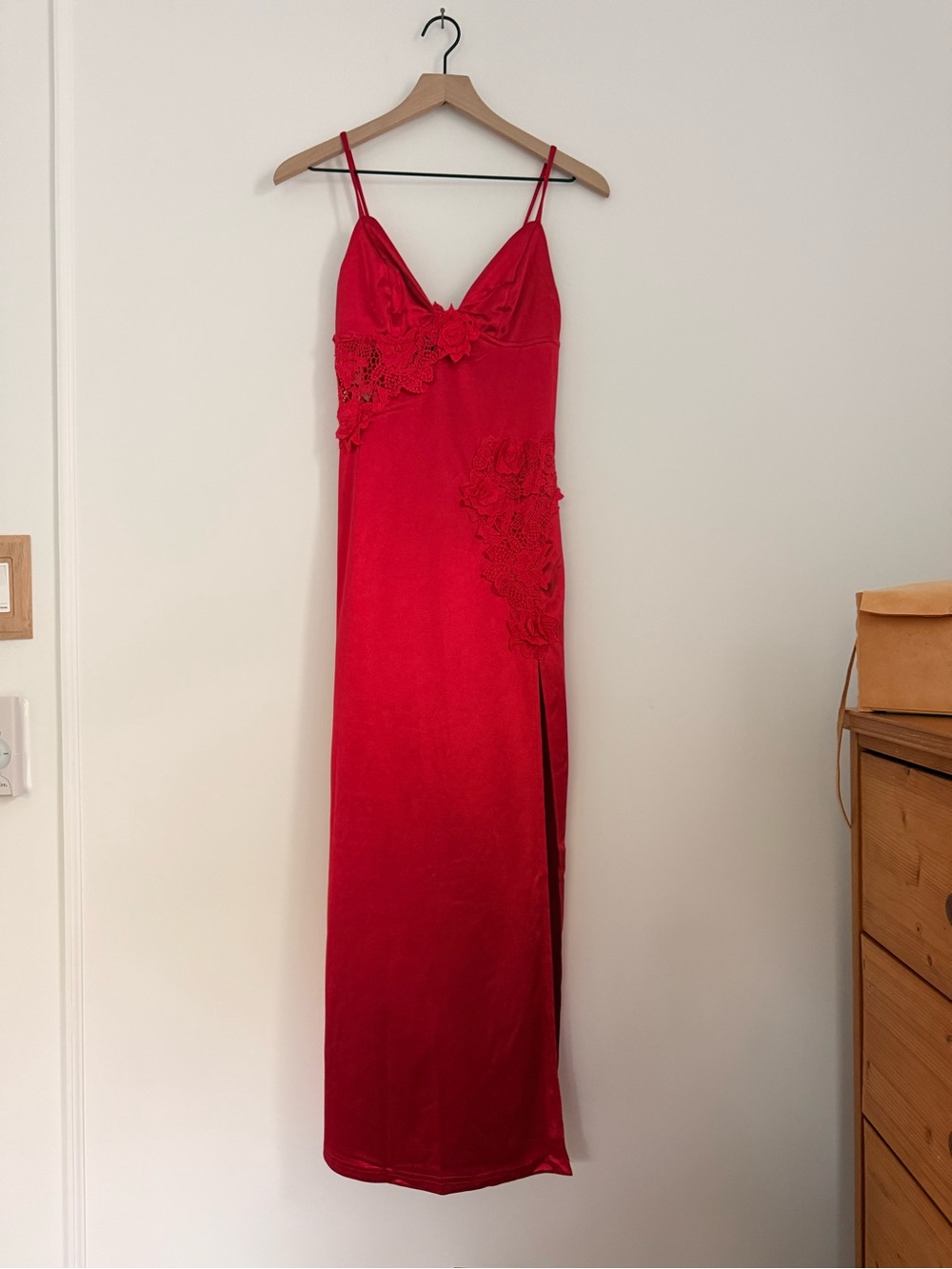 Hello Molly Red Lace-Applique Slip Midi Dress with Side Slit